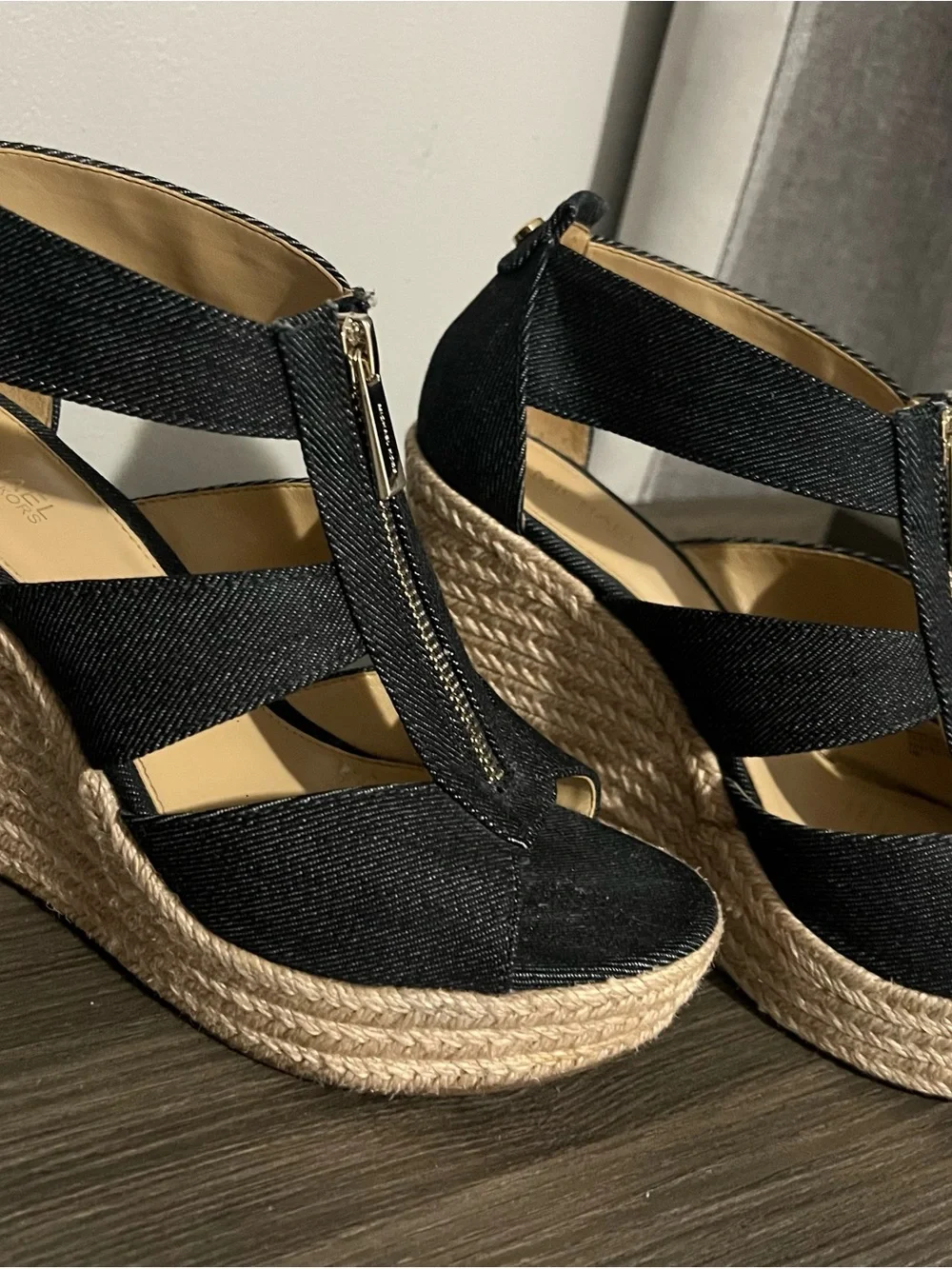 Michael Kors Blue/Denim Color Espadrille Wedge Sandals with Front Zip Accent